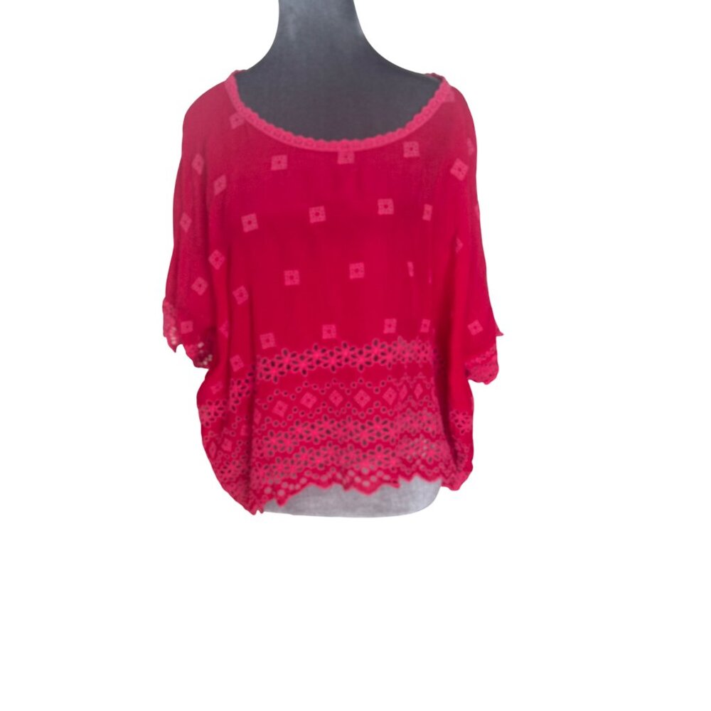Johnny Was Womens Embroidered Square Pattern Lace Hem Top M